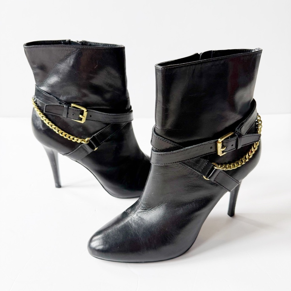 Lauren Ralph Lauren Woman Black Leather Gold Buckle Boots US7.5 Classic Luxury